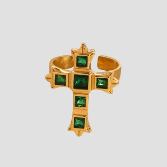 18K Gold-Plated Stainless Steel Cross Ring | Adjustable | Emerald Green Zirconia - Picture 2 of 3